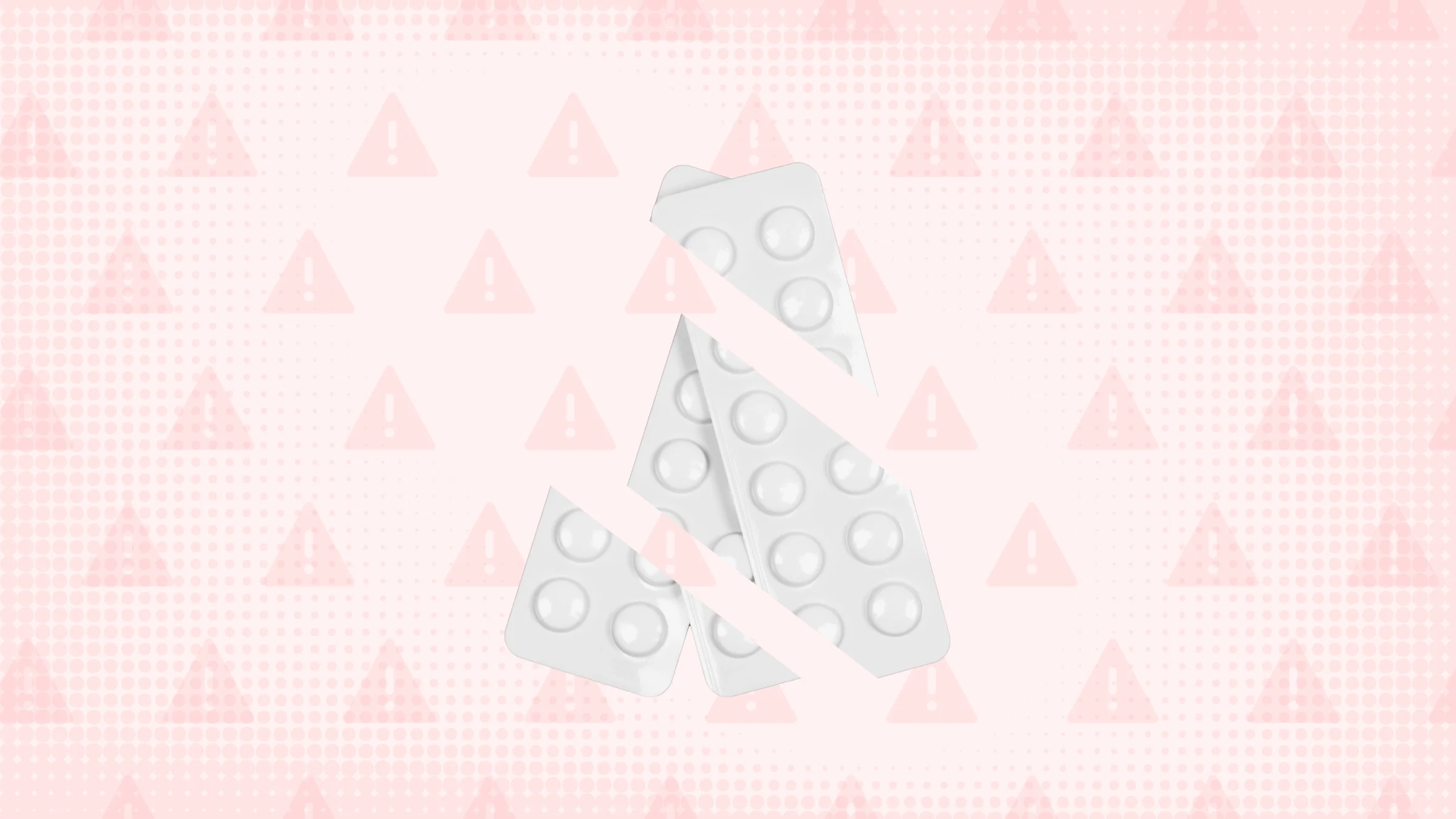 In the center of a light red background with texture and warning sign pattern are two white blister packs of pills cut into thirds. 