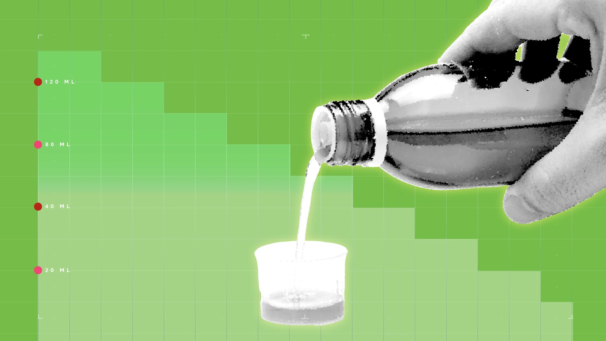 Light-green background with graph paper texture and representational step graph. In the center is a black-and-white cutout of a hand pouring cough medicine into a liquid measuring cup. 