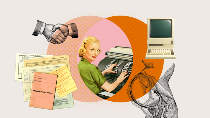 Custom graphic that features a collage of elements representing healthcare and the workplace. Items include: handshake etching, 1980s computer, vintage medical cards and paperwork, and pregnant