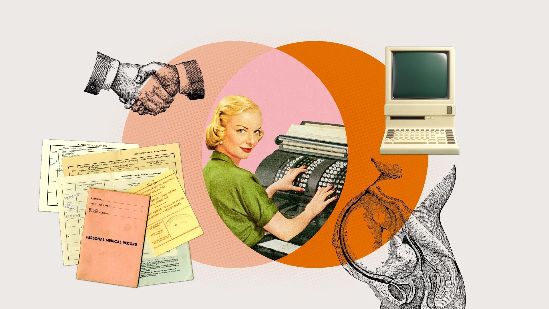 Custom graphic that features a collage of elements representing healthcare and the workplace. Items include: handshake etching, 1980s computer, vintage medical cards and paperwork, and pregnant