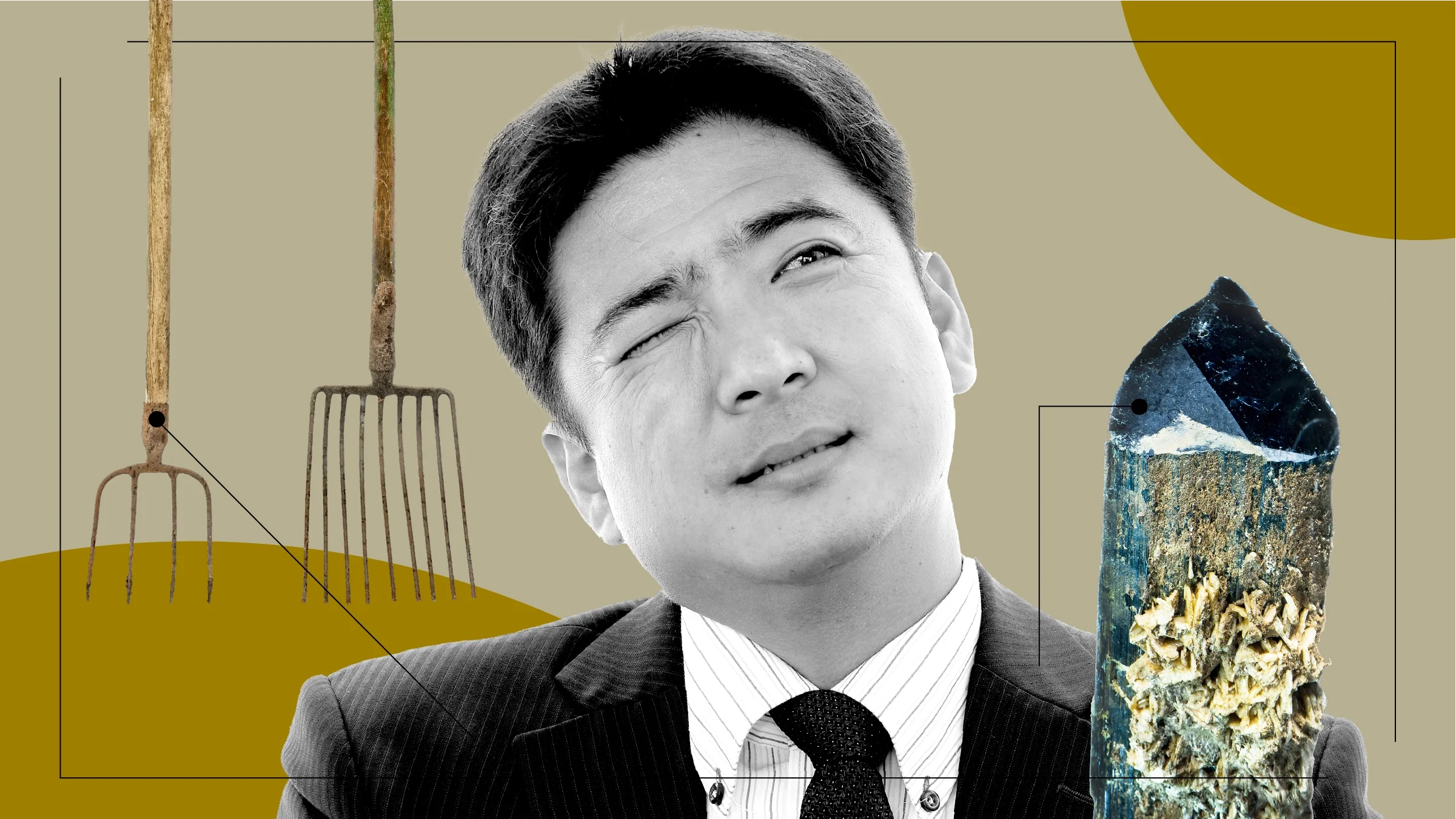 Tan background with a black-and-white portrait of a man squinting in pain. Off of him are diagram lines pointing to items representing what gout feels like. On the left is a set of pitchforks. On the right is a flaky black, green, and gold crystal.