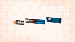 Orange textured background with warning sign pattern. In the center is a teal and orange insulin pen cut into thirds.
GoodRx Health