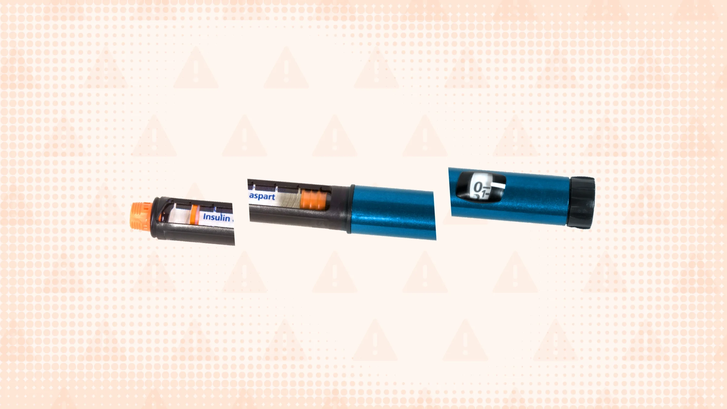 Orange textured background with warning sign pattern. In the center is a teal and orange insulin pen cut into thirds.