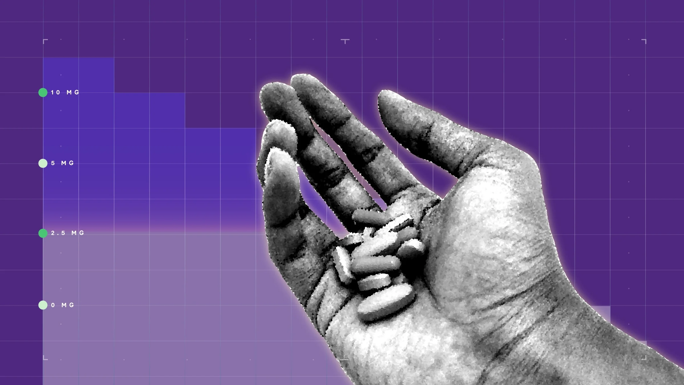 Dark-purple background with graph paper texture and representational step graph. In the center is a black-and-white cutout of a hand holding a pile of pills.