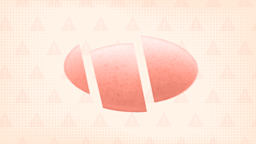 A custom graphic includes a light-pink background with a warning sign pattern and an oblong, peach pill cut into three parts. 
GoodRx Health
