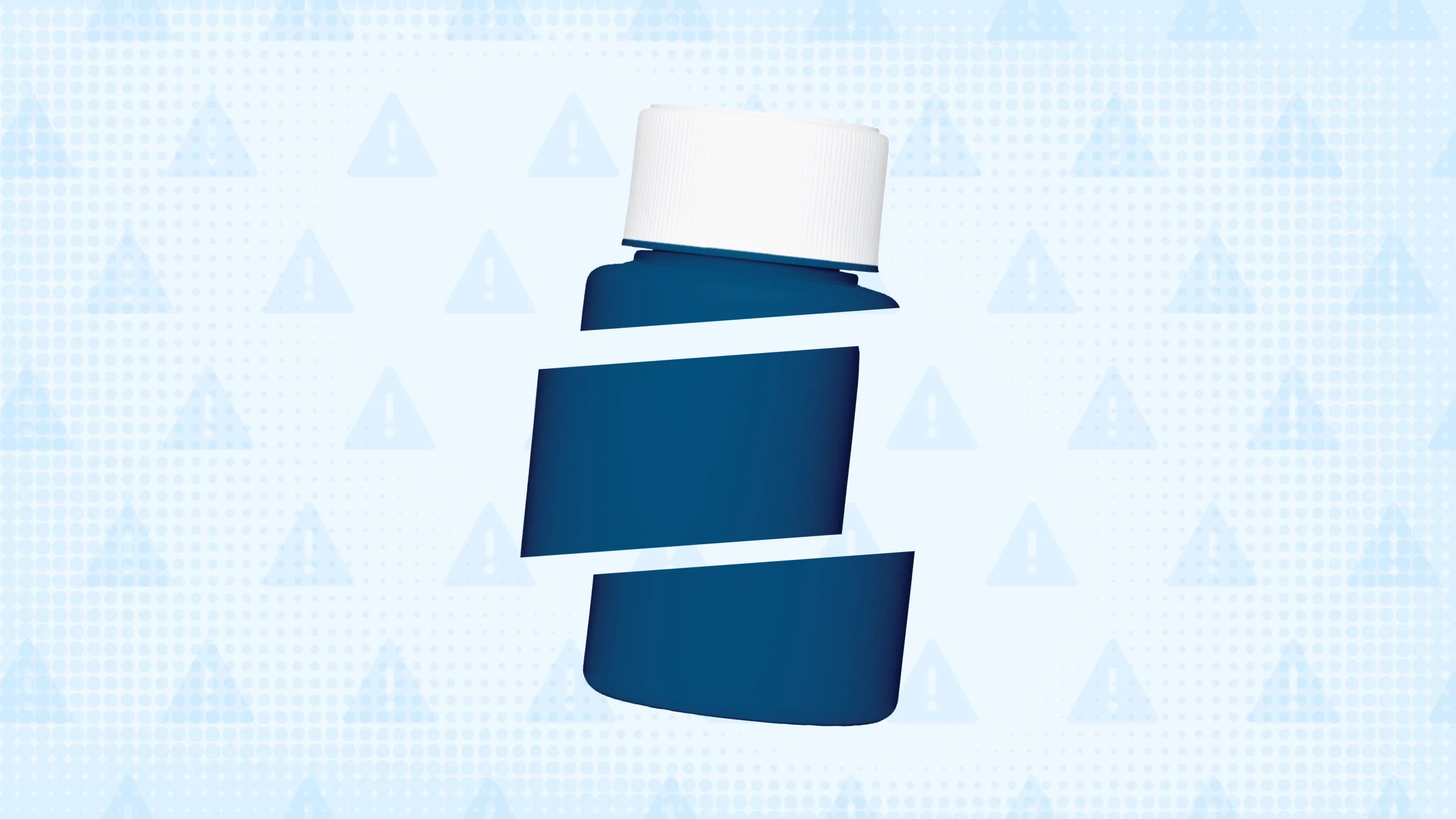 Light-blue background with texture and warning sign pattern. In the center is a blue pill bottle, with a white cap, cut into thirds. 