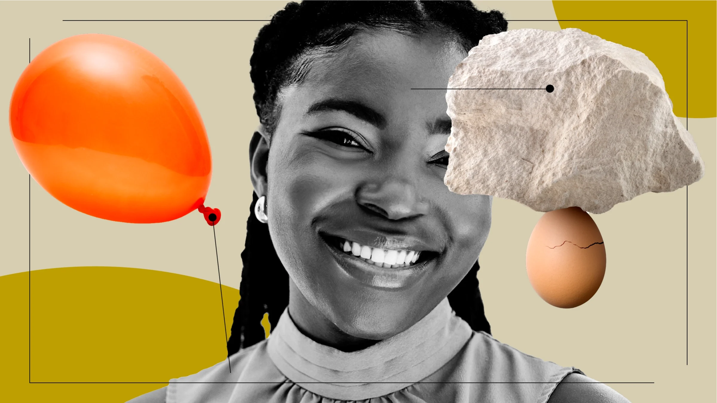 Tan background with half circles in the top right and bottom left corners. In the center is a black and white close-up portrait of a woman. Off to the left is an orange balloon representing swelling. To the right of the portrait is an egg cracking under pressure of a quarry rock representing pressure of headaches.