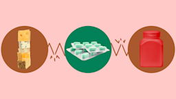 A custom graphic about isoniazid interactions shows a stack of cheese and two medications highlighted by circles.
GoodRx Health