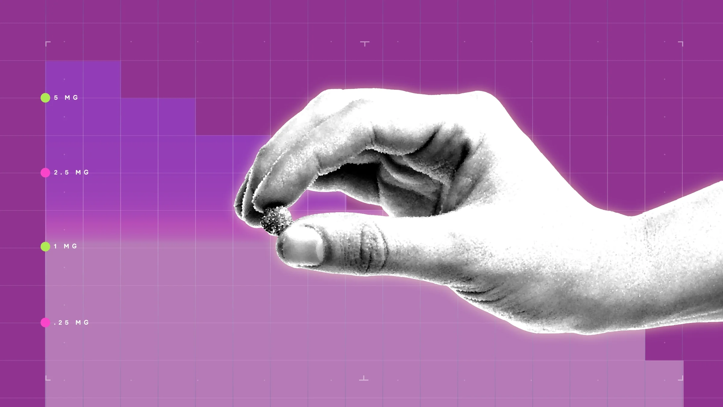 Purple background with graph paper texture and representational step graph. In the center is a black-and-white cutout of a hand holding a single round pill.