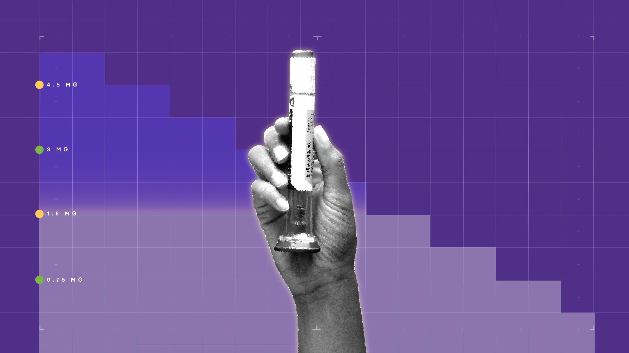 In the center of a purple background with graph paper texture and representational step graph is a hand holding an auto injector medication pen.