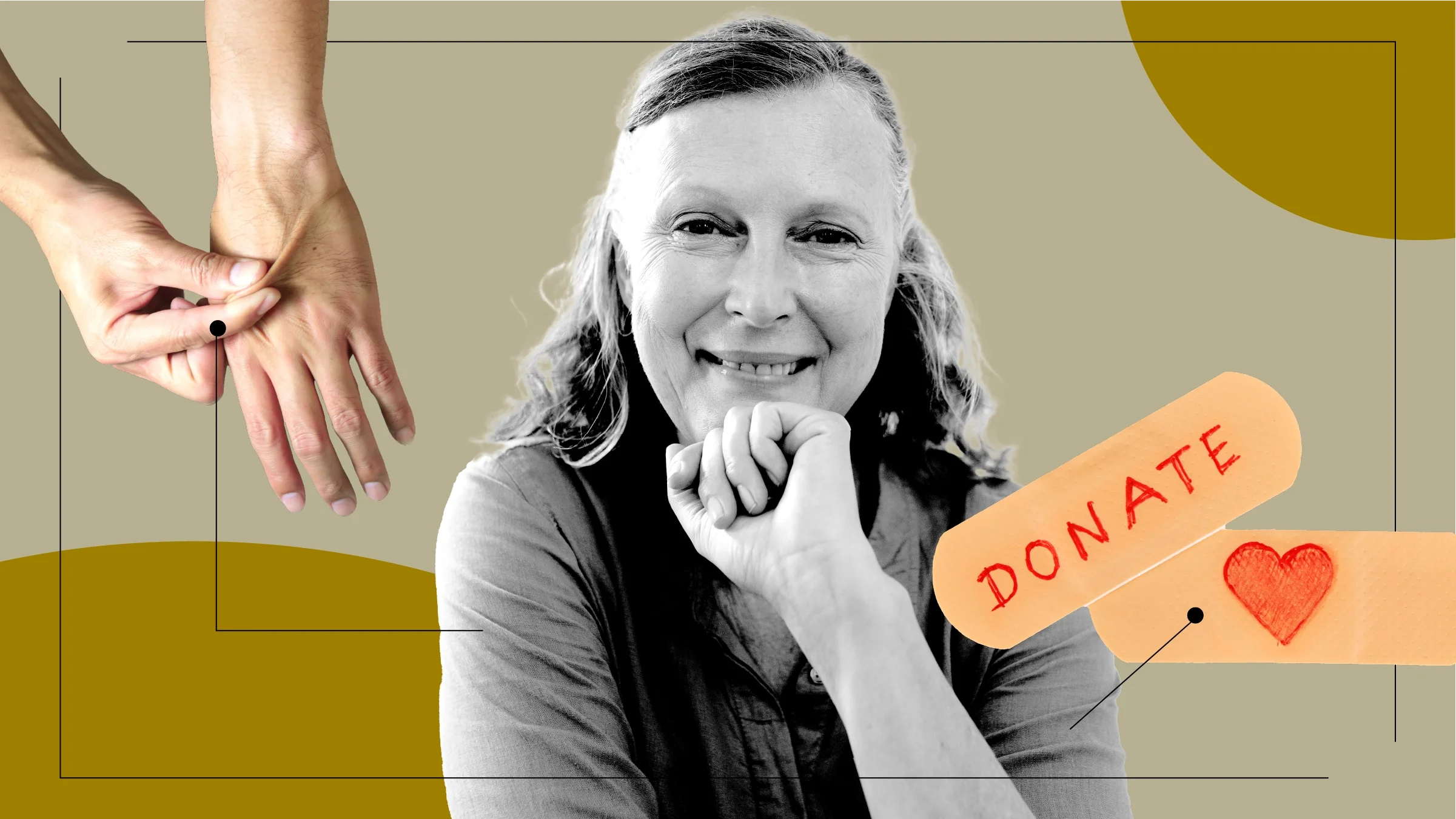 A graphic on donating blood shows images of a smiling woman, Band-Aids, and someone pinching the skin on their hand.