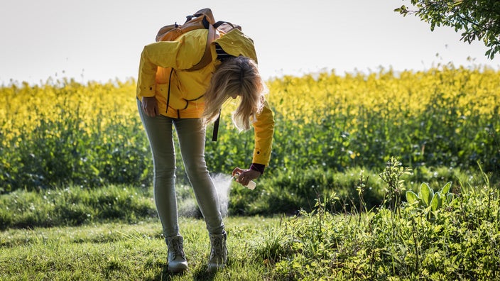 A person spraying bug repellant over clothes.