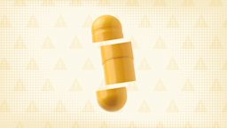 A graphic includes a yellow background with a warning sign pattern and a yellow capsule cut into thirds. 
GoodRx Health
