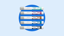 Five Wegovy pens are placed against a blue background.
Courtesy of Novo Nordisk