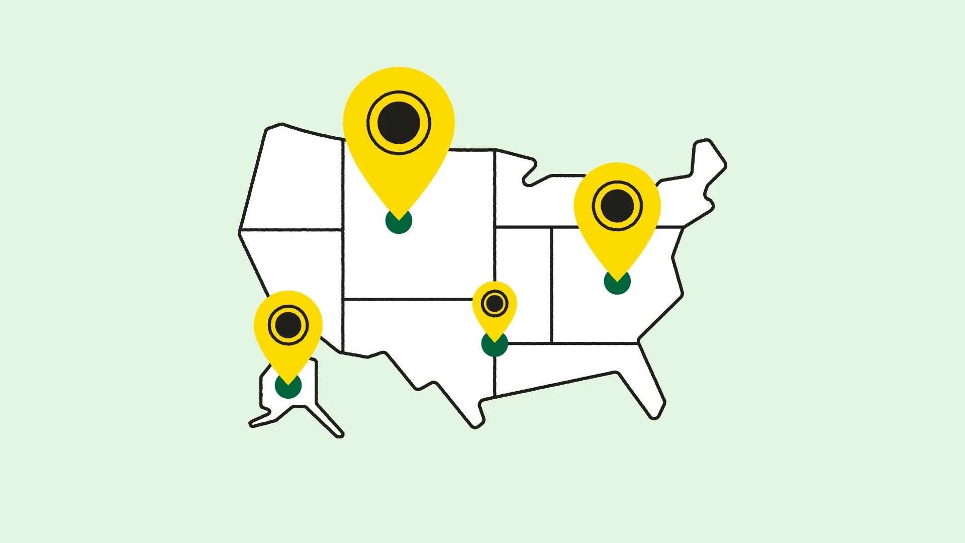 A map of the united states with four location icons.