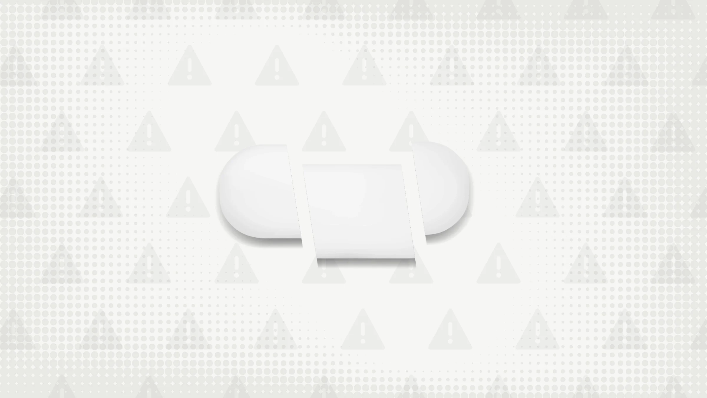 A custom graphic includes a gray background with a warning sign pattern and a white oblong pill cut into thirds.