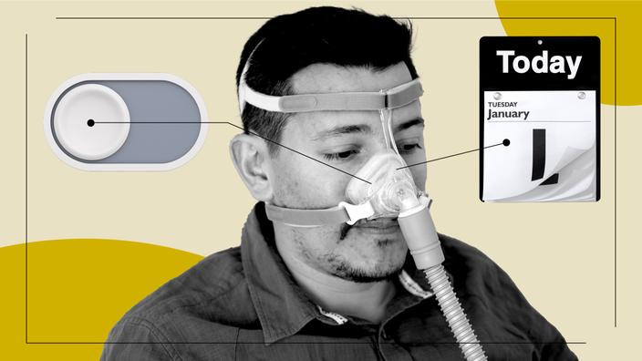 A graphic representation of what it feels like to use a CPAP machine includes a person wearing the device, a reset button, and a daily calendar.