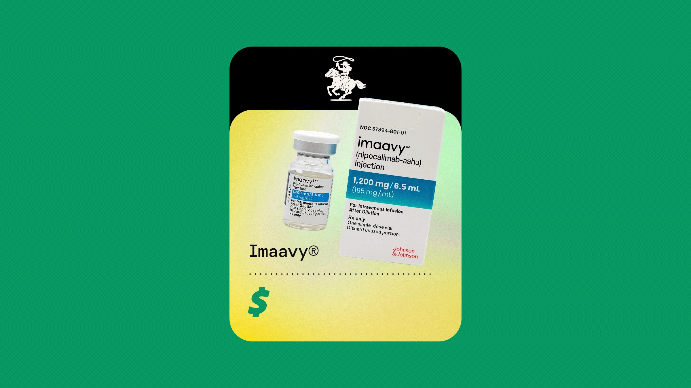 A box and vial of Imaavy is pictured against a green and yellow background above a dollar sign.