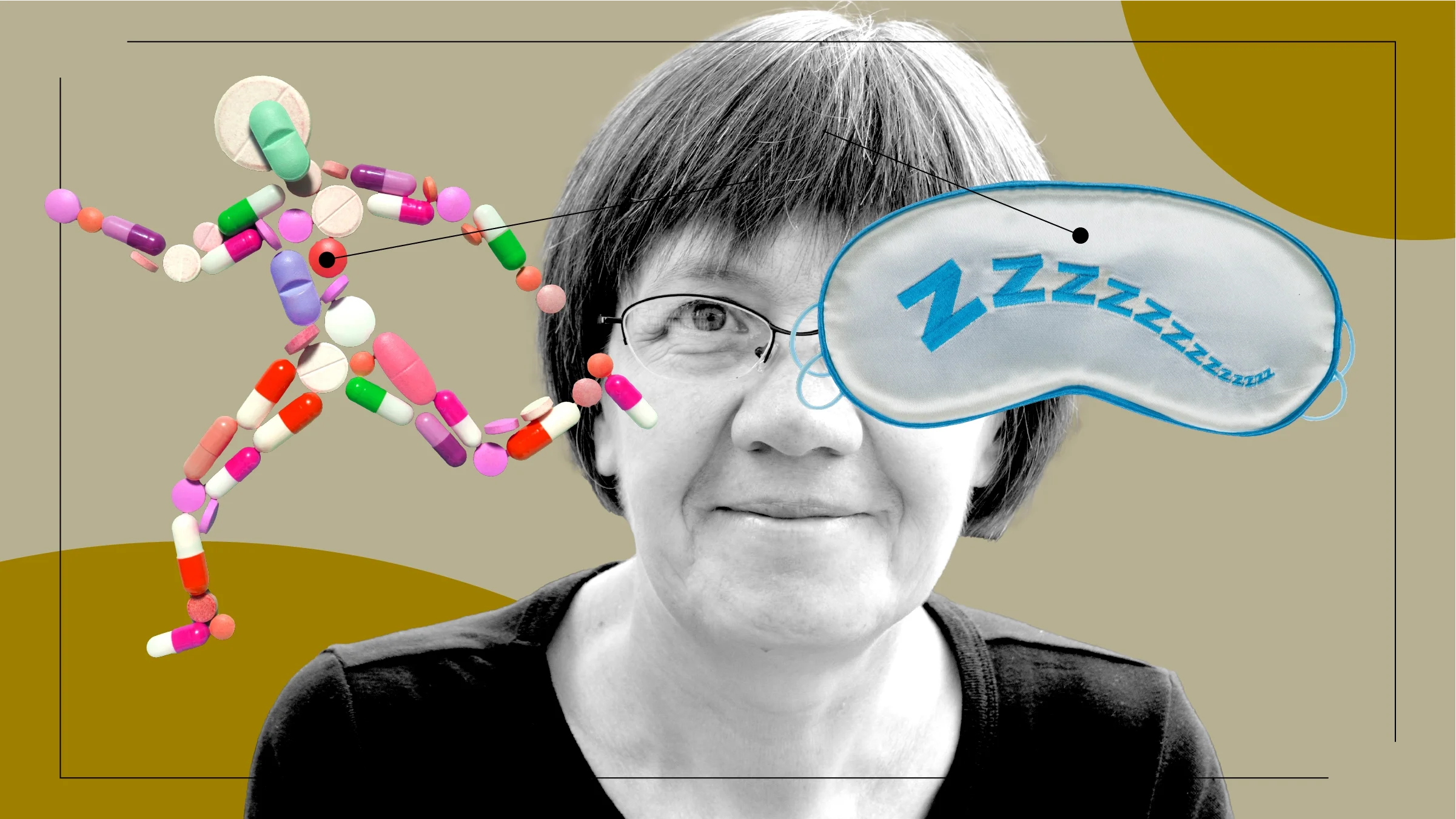 Tan background with black-and-white cutout portrait of a woman with short hair and glasses. Off of her are diagram lines pointing to objects representing the feeling of taking levodopa for Parkinson’s disease. On the left is a running figure made out of pills. On the right is a sleep mask.