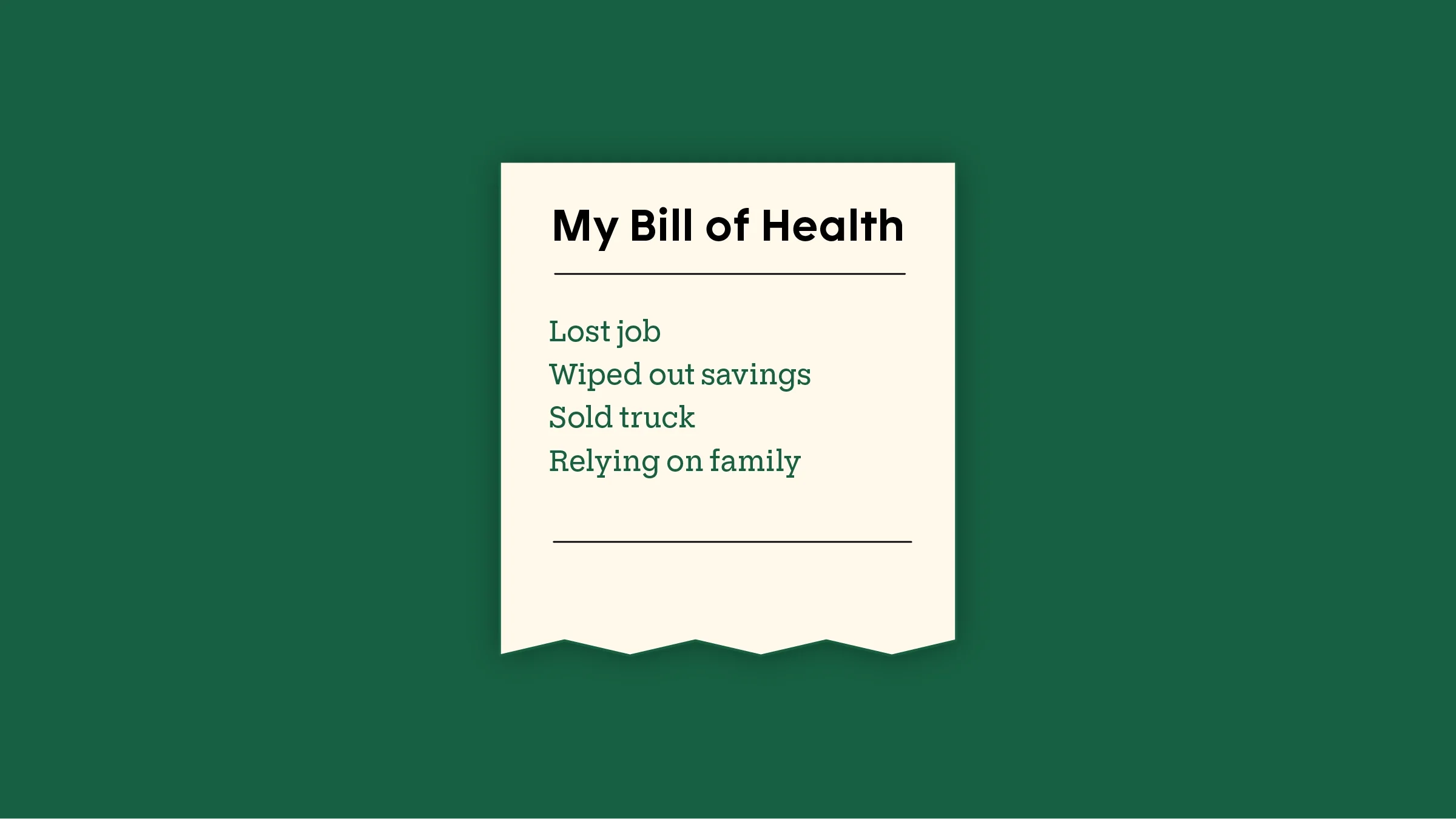 A receipt titled “My Bill of Health” has list items referring to emotional and financial costs of epilepsy.