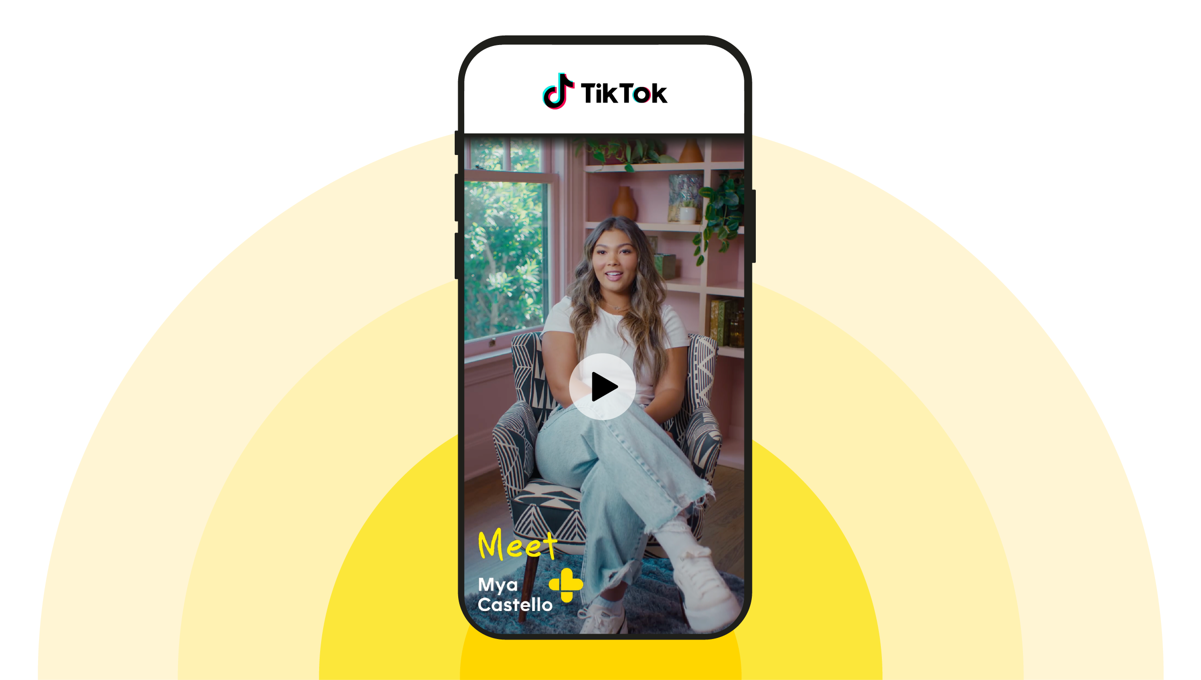 iPhone mock-up with a still shot of the TikTok video featuring Mya Castello. It is sitting on a radial yellow background.
GoodRx