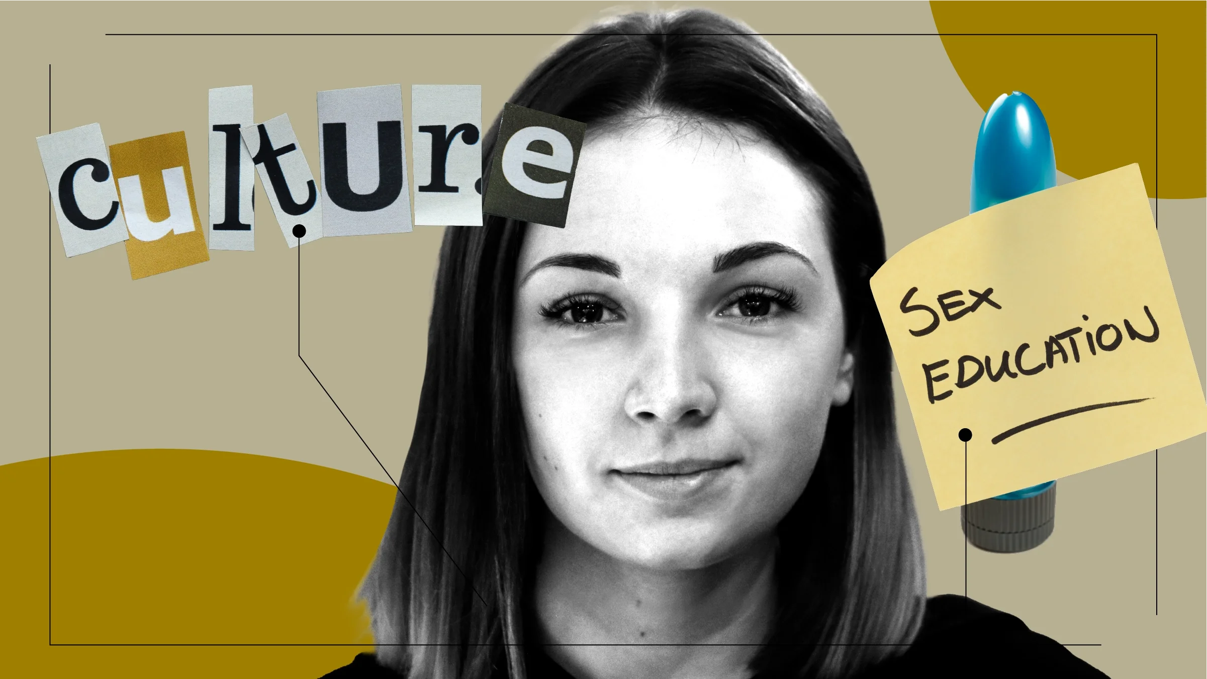 Tan background with a black-and-white cutout of a portrait of a young woman. Off of her are diagram lines pointing to objects representing reactions to herpes. On the left are magazine letter cutouts spelling “culture.” On the right is a Post-it reading “sex education” on a vibrator.