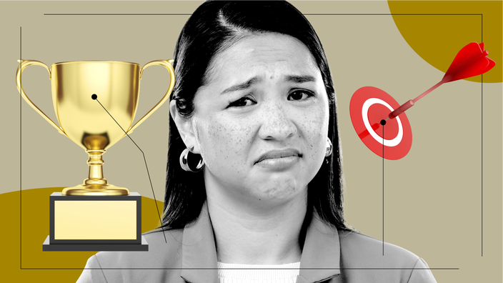A custom graphic includes a portrait of a frowning woman and images of items representing what self-injecting feels like: a trophy and a dart hitting a target. 
