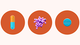 Light red background with 3 red circles lined from left to right. Each red circle has a different medication in the center. Left to right the medications look like: one orange and teal capsule pill, a pile of round purple pills, and a single round blue pill.
GoodRx Health
