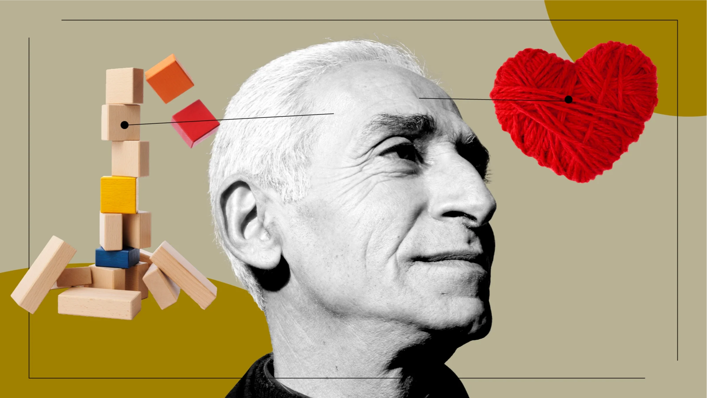 Tan background with a close-up black-and-white portrait of an older man looking off in the distance. Radiating off of him are diagram lines pointing to objects representing the feelings of surviving trauma. On the left are building blocks. And on the right is a heart made out of yarn.