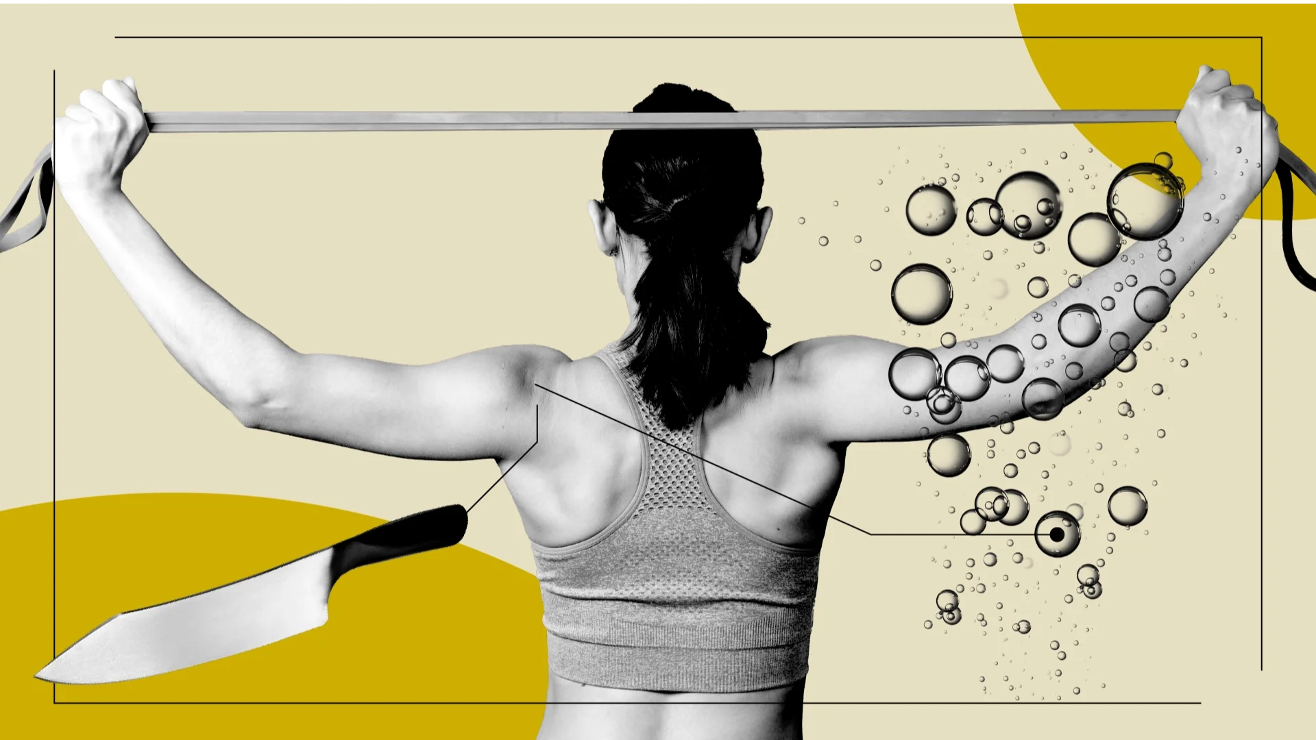 Graphic-treatment photo collage with a woman holding an exercise band and items, like a knife and bubbles, representing the pain of a torn rotator cuff.
