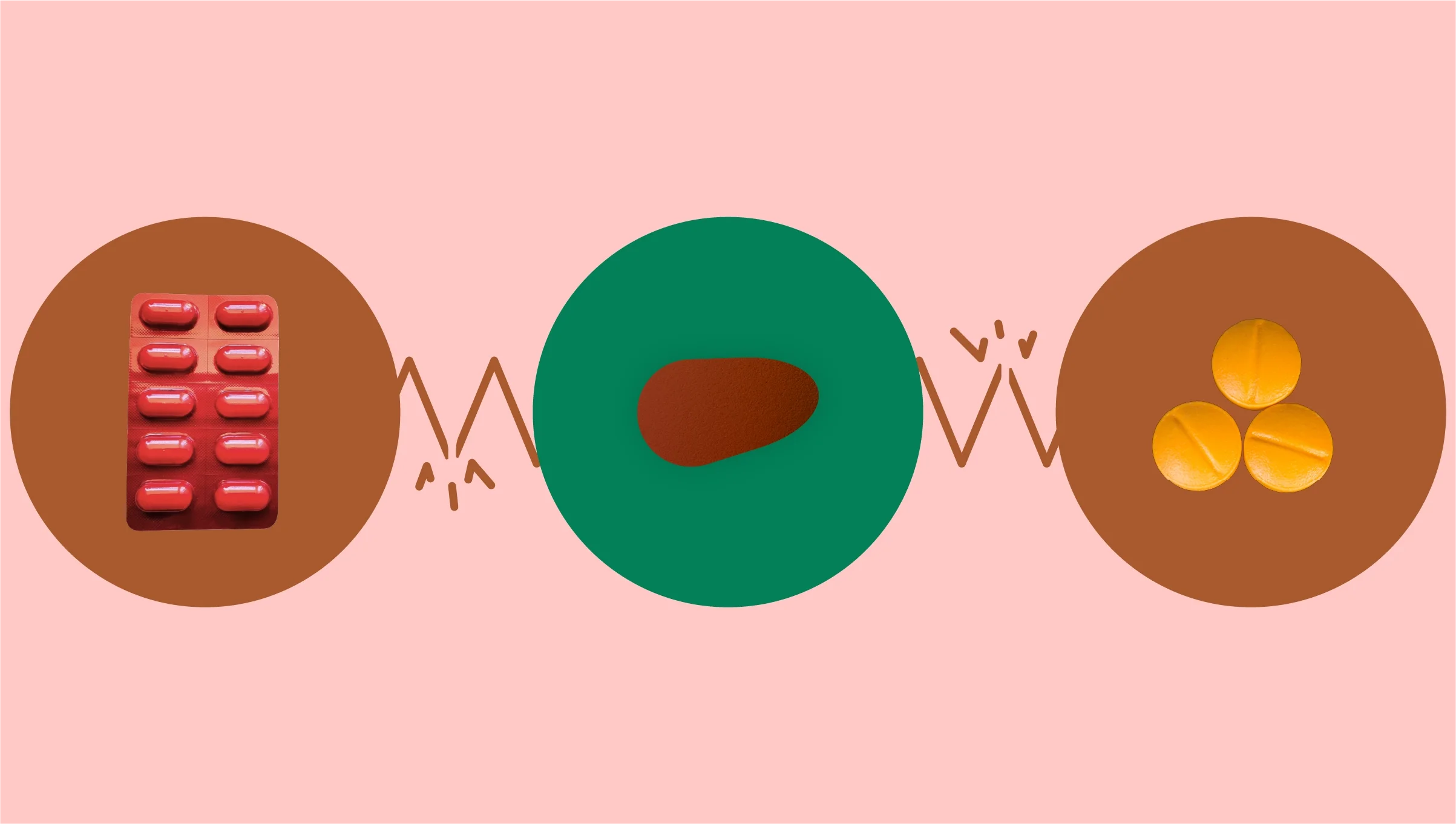 Light red background with three circles across the frame. In the center is a green circle with a tear drop shaped red pill. On the left, on a red circle, is a blister pack of red pills. On the right, on a red circle, are three orange round pills. 