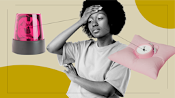 Graphic representation of what it feels like to take Ambien. The background is tan with yellow circles in the top right and bottom left corners. There is a black-and-white portrait of a woman who looks tired in the center. Off of her are diagram lines pointing to objects representing the effects of Ambient. There is an alarm to represent grogginess and a pillow and clock to represent falling asleep faster. 
GoodRx Health