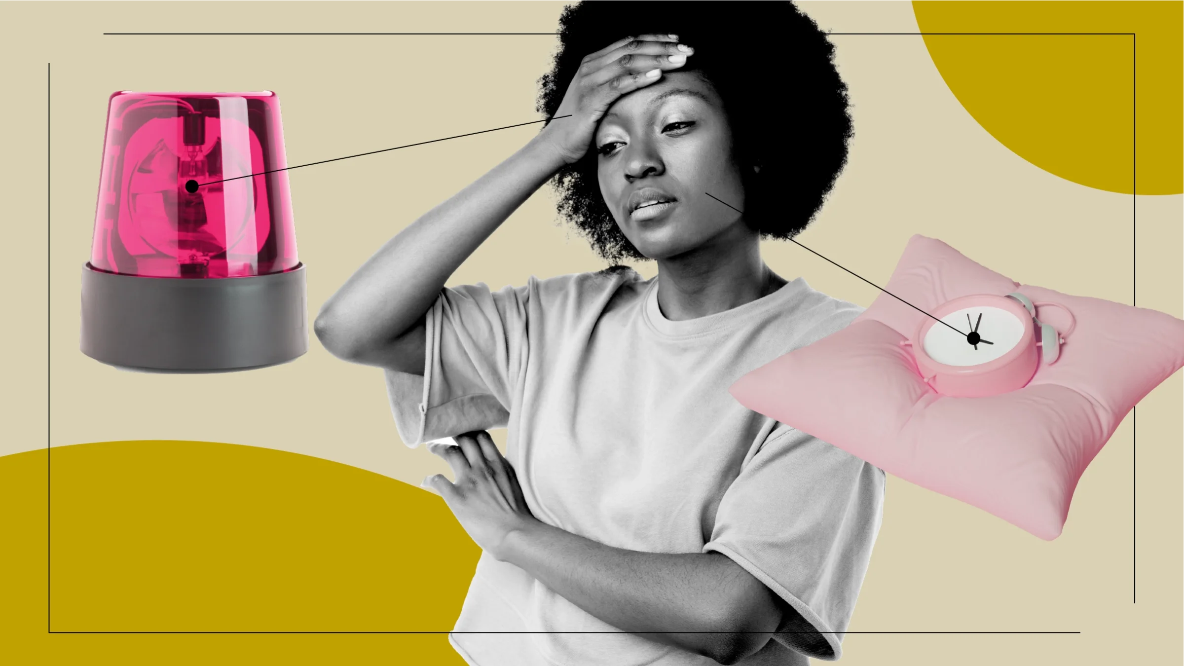 Graphic representation of what it feels like to take Ambien. The background is tan with yellow circles in the top right and bottom left corners. There is a black-and-white portrait of a woman who looks tired in the center. Off of her are diagram lines pointing to objects representing the effects of Ambient. There is an alarm to represent grogginess and a pillow and clock to represent falling asleep faster. 