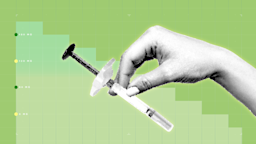 Light green background with graph paper texture and representational step graph. In the center is a black-and-white cutout of a hand holding a syringe.
GoodRxHealth