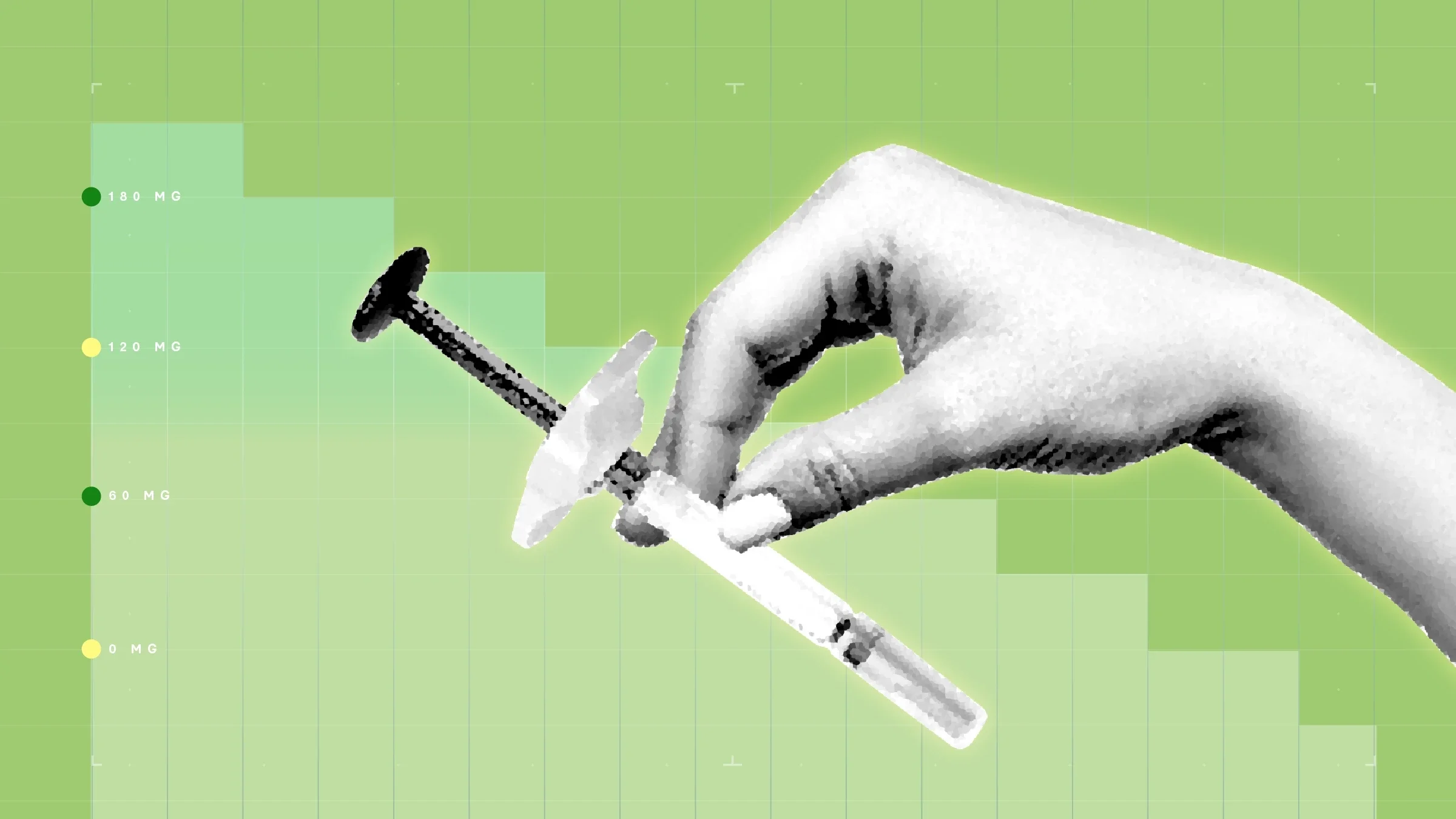 Light green background with graph paper texture and representational step graph. In the center is a black-and-white cutout of a hand holding a syringe.