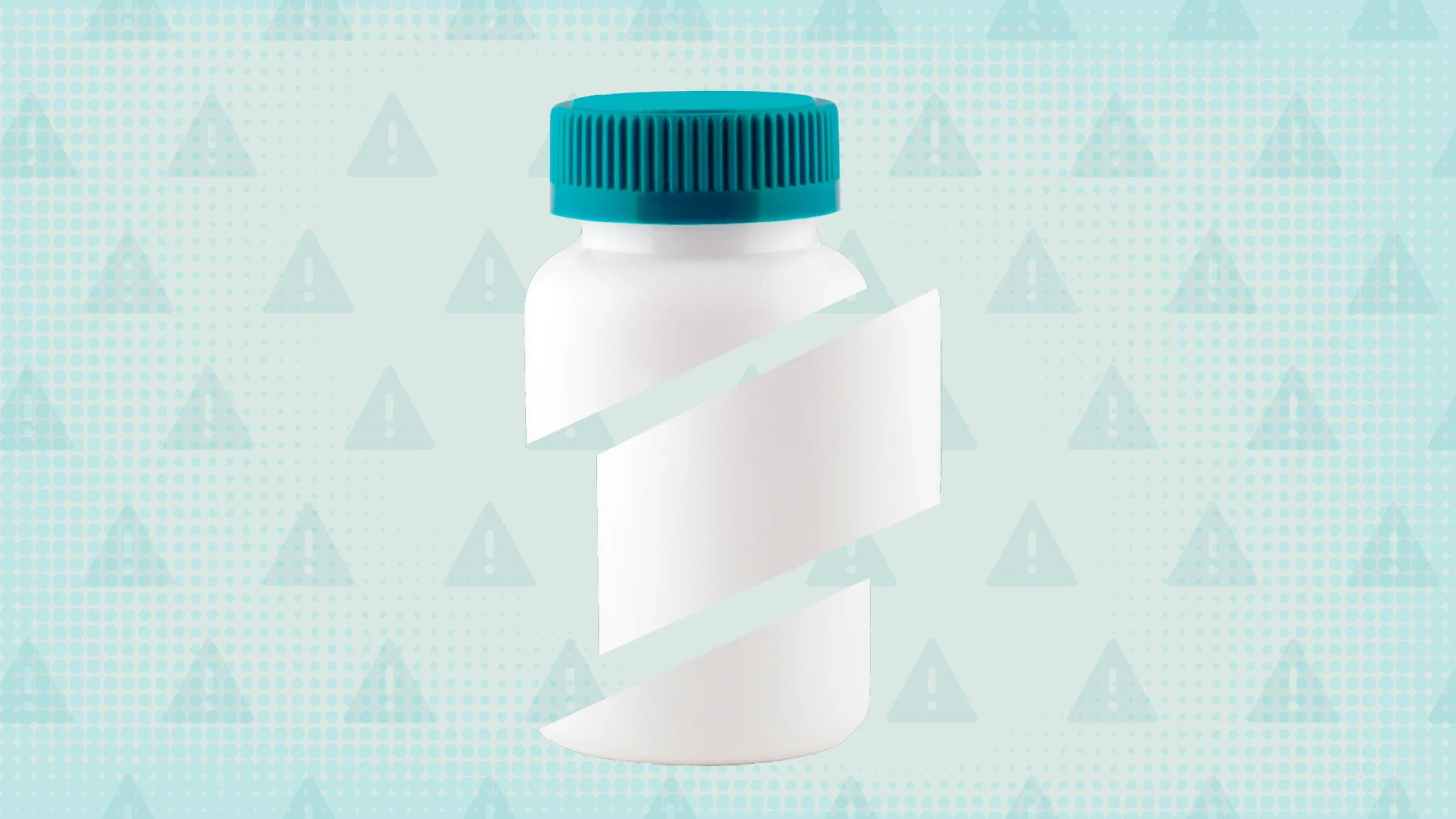 Teal background with halftone texture and warning sign pattern. In the center is a white pill bottle with a teal cap cut into thirds.
GoodRx Health
