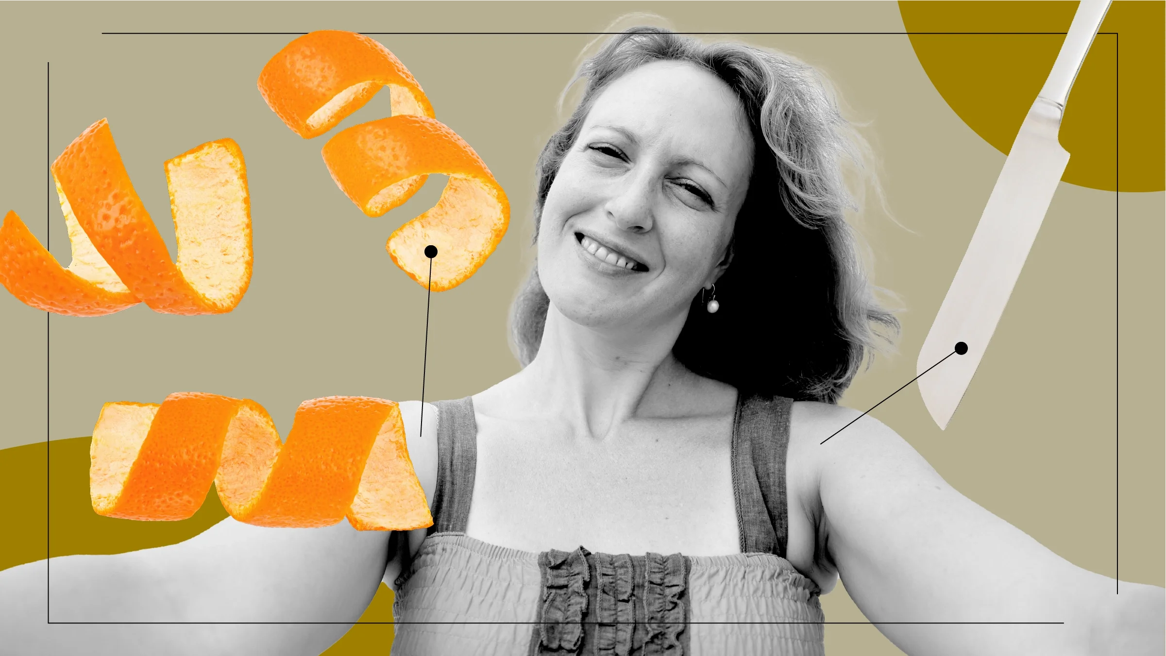 The image shows a tan background with a cutout selfie image of a woman smiling with her arms extended. Diagram lines point from her shoulders to objects representing a frozen shoulder. On the left are curly switches of orange peel and on the right is a silver knife. 