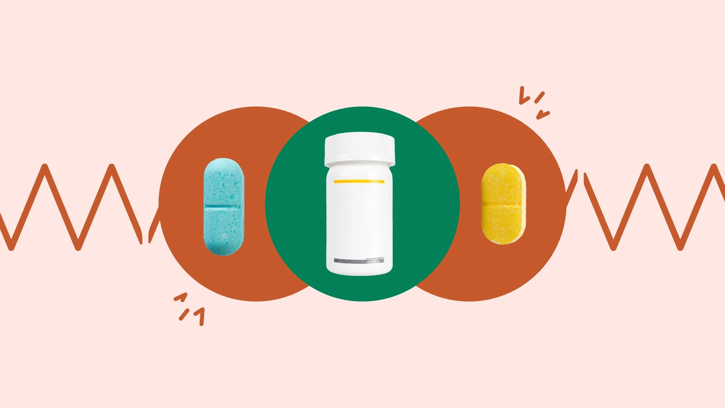 The image shows a light red background with three circles in the middle of the frame. In the center, on a green circle, is a white pill bottle with a yellow and gray label. On the left, on a red circle, is a single oblong teal pill. On the right, on a red circle, is a single oblong yellow pill.