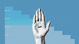 Light blue background with graph paper texture and representational step graph. In the center is a black and white cutout of a hand holding a single pill in their palm. 
GoodRx Health