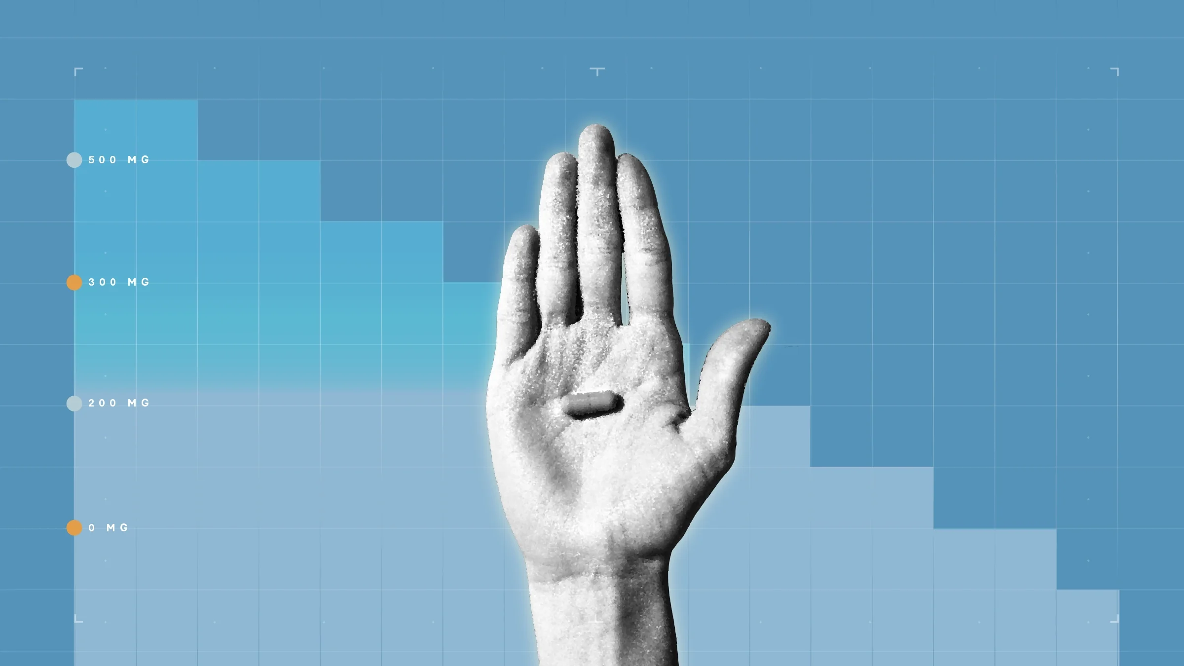 Light blue background with graph paper texture and representational step graph. In the center is a black and white cutout of a hand holding a single pill in their palm. 