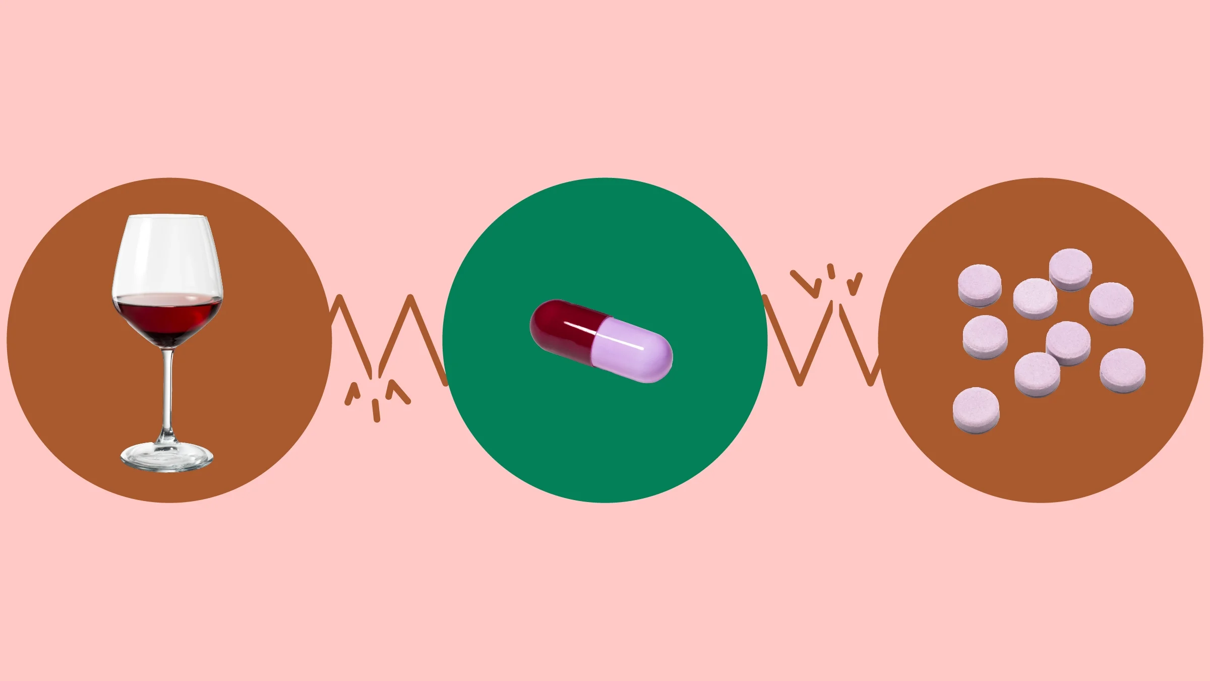 A graphic with a light pink background shows three circles across the frame, each with a different item inside. The circle on the left has a glass of red wine in it. The circle in the middle has a purple capsule pill. The circle on the right has a pile of opioid pills.  