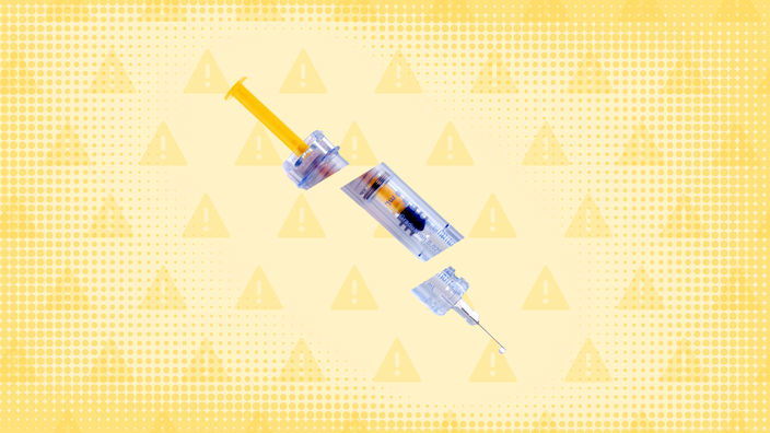 In the center of a light yellow background with texture and warning sign pattern. is a yellow syringe cut into thirds. 