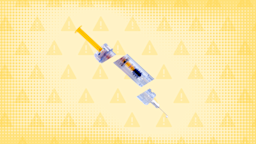 In the center of a light yellow background with texture and warning sign pattern. is a yellow syringe cut into thirds. 
GoodRx Health