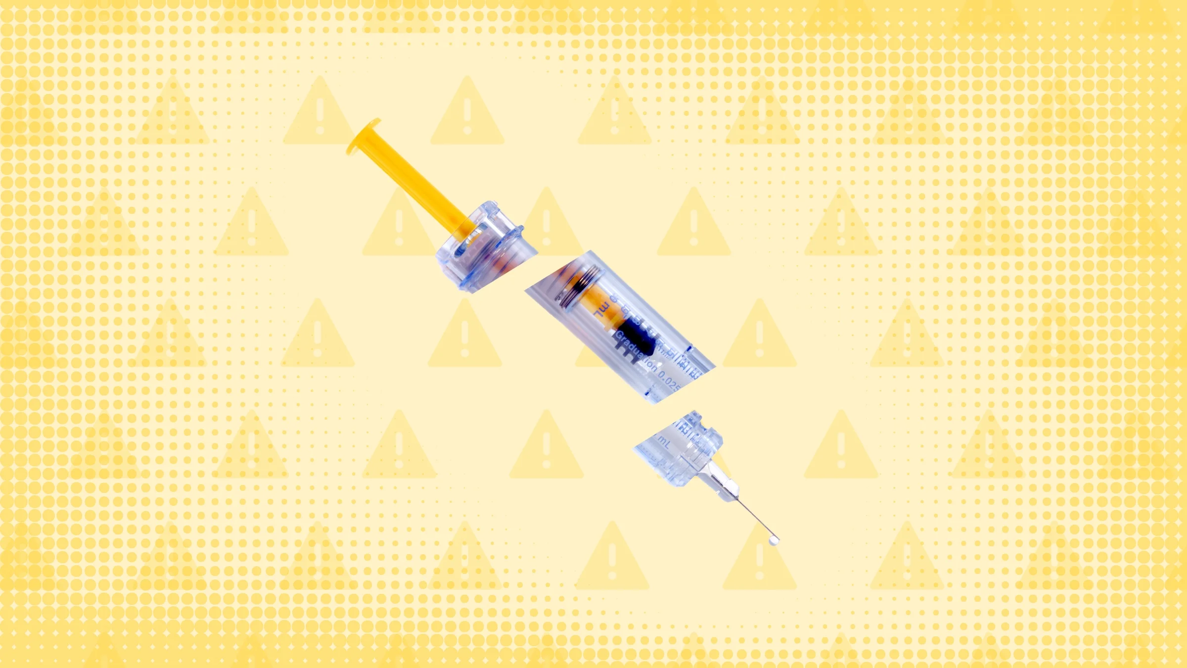 In the center of a light yellow background with texture and warning sign pattern. is a yellow syringe cut into thirds.