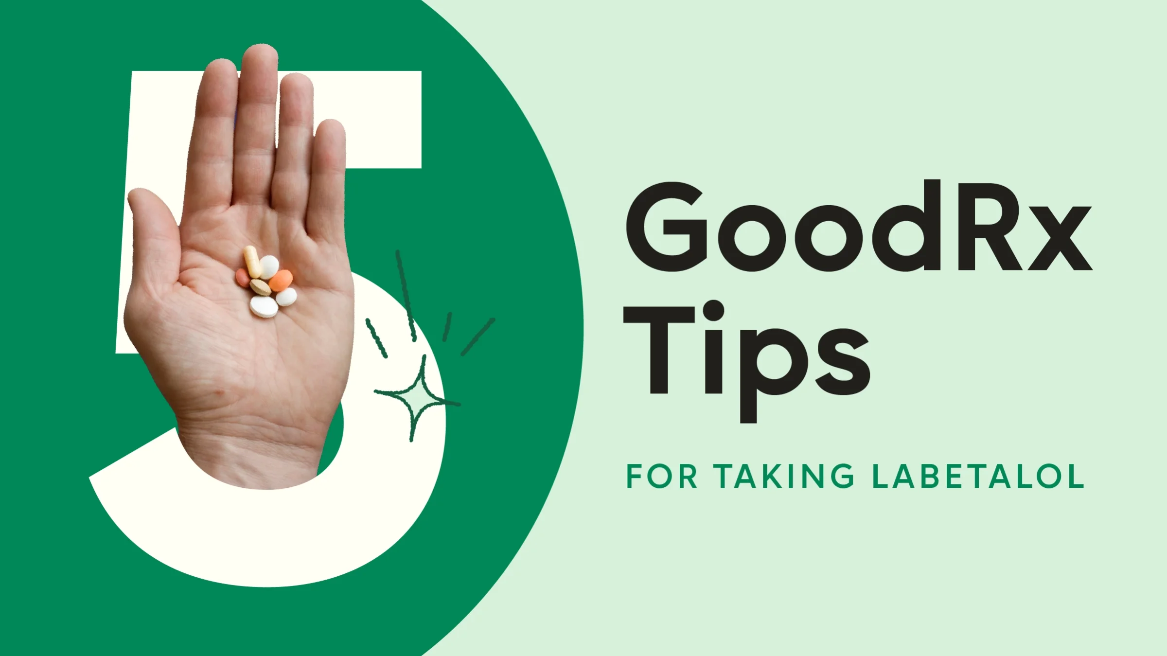 Light green background with dark green half-circle on the left-hand side. The text reads: “5 GoodRx Tips for Taking Labetalol.” Coming out from behind the number 5 is a hand with a small palm full of pills.