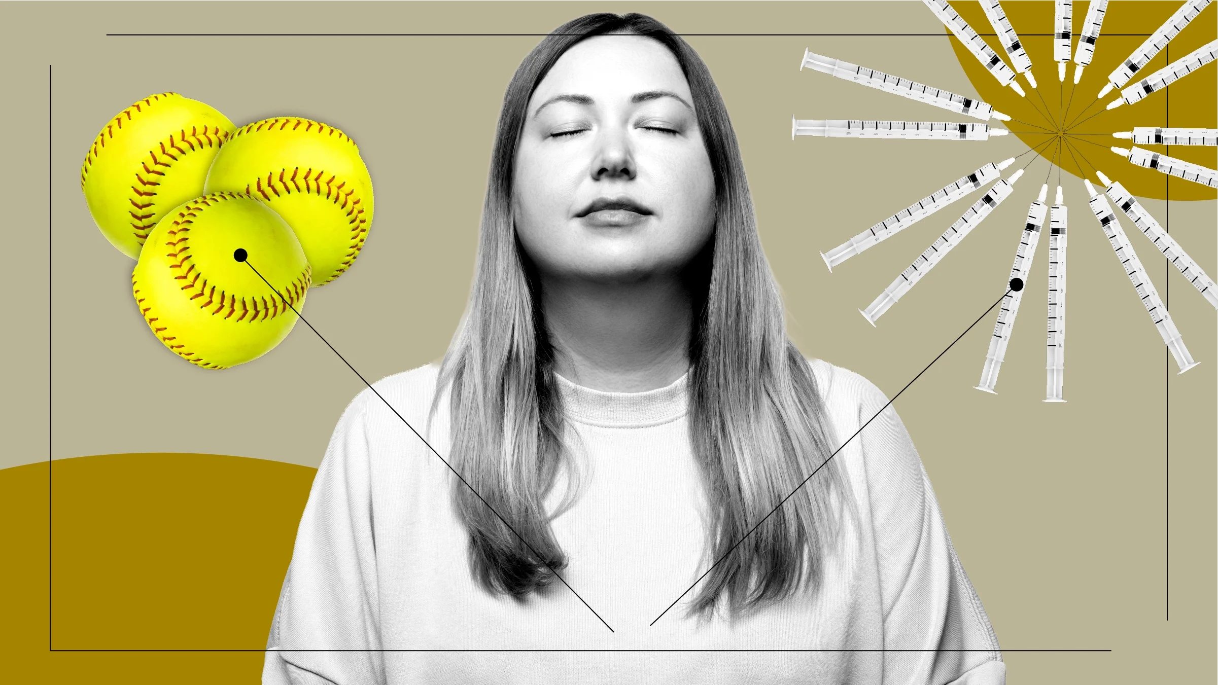 Custom graphic showing what it feels like to try IVF. In the center is a black-and-white portrait of a woman with her eyes closed. Off of her are diagram lines pointing to objects representing the feeling. On the left is a pile of yellow softballs. On the right is a circle of syringes.