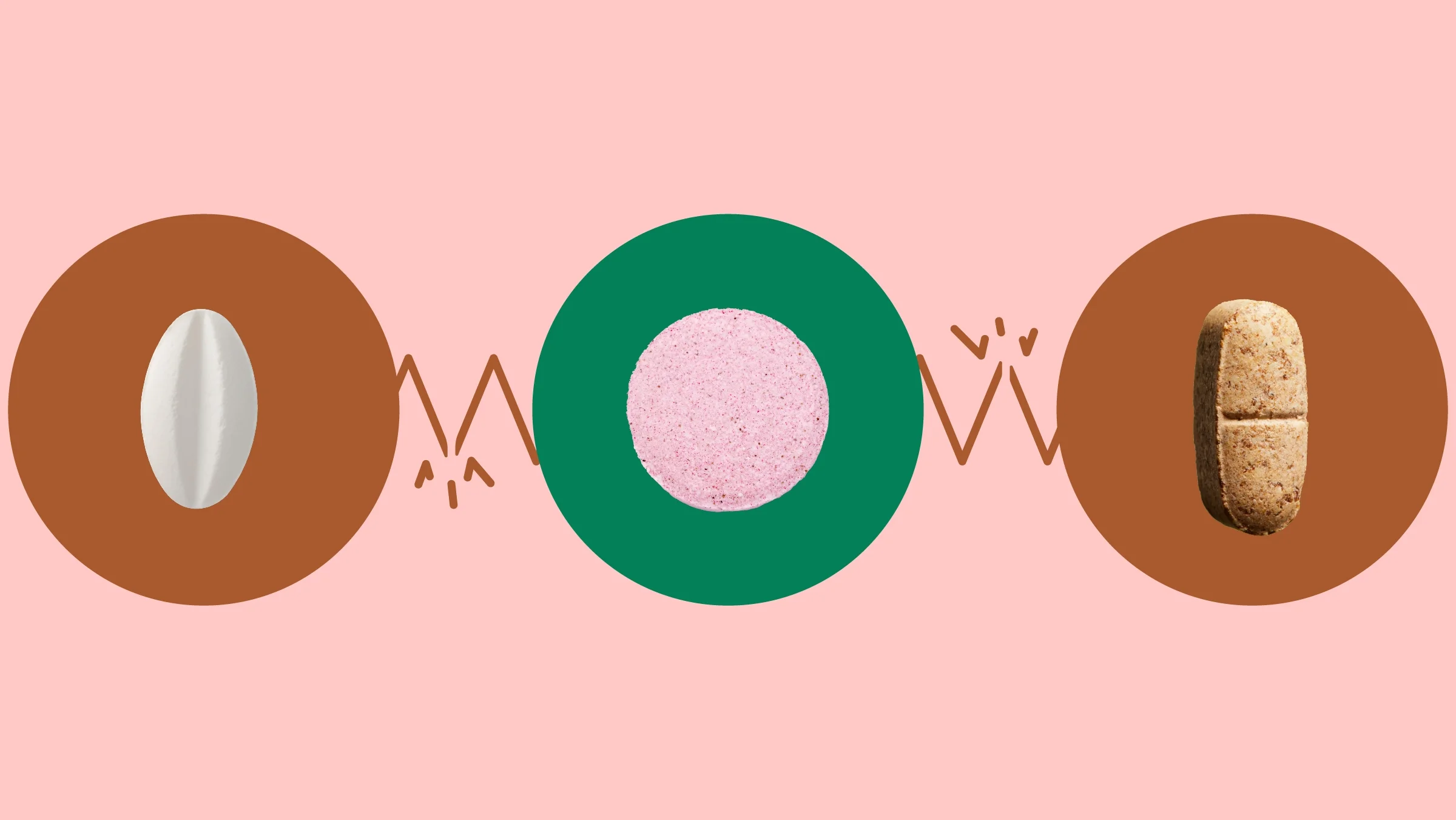 Light-red background with three circles across the frame. In the center, on a green circle, is a round chalky-looking pink antacid pill. On the left, on a red circle, is an oval white pill. On the right, on a red circle, is a chalky-looking brown oblong multivitamin. 