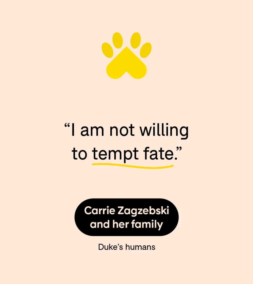 “I am not willing to tempt fate.” — Carrie Zagzebski and her family, Duke’s humans