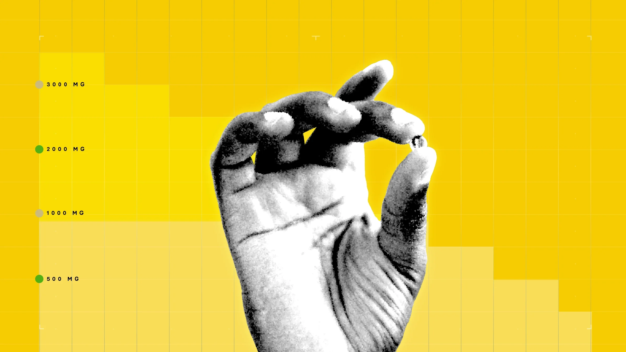 Bright-yellow background with graph paper texture and representational step graph. In the center is a black-and-white cut-out image of a hand holding a single small pill.