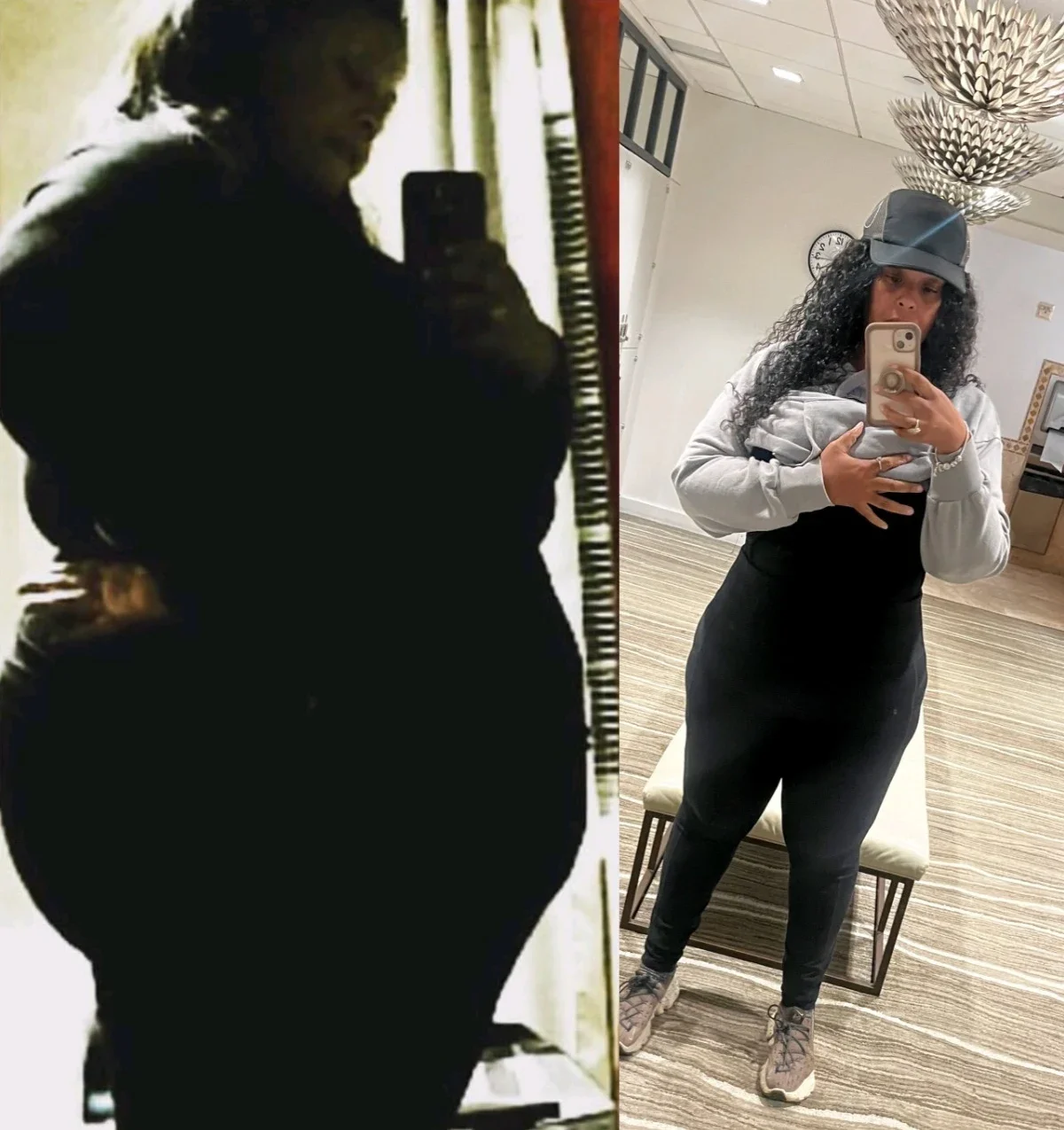 Nikki Moore is pictured taking a selfie in a mirror in before-and-after weight loss photos.